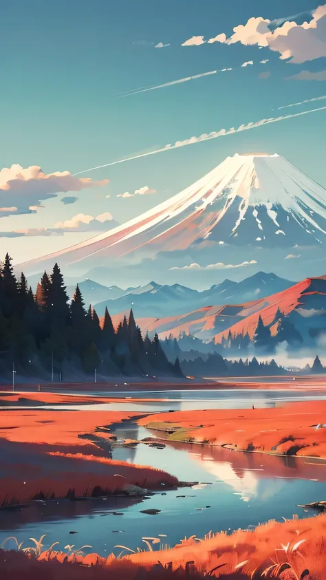 A landscape painting in the style of Japanese woodblock prints. A majestic snow-capped mountain, reminiscent of Mount Fuji, dominates the image, positioned centrally. The mountain is depicted with strong, bold lines and flat colors, typical of the ukiyo-e...