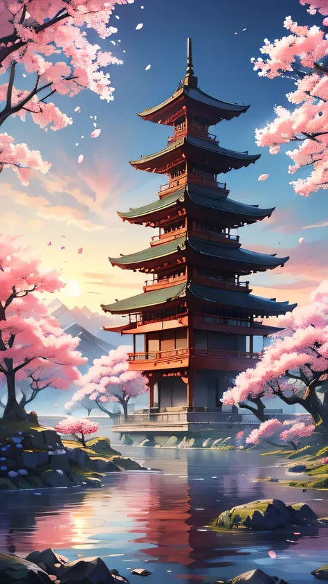 A serene landscape painting in the style of traditional Japanese art. A multi-storied pagoda stands amidst lush, blossoming cherry trees on a hillside overlooking a body of water. The colors are muted pinks, deep greens, and blacks, with soft highlights ...