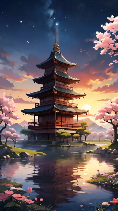 A serene landscape painting in the style of traditional Japanese art. A multi-storied pagoda stands amidst lush, blossoming cherry trees on a hillside overlooking a body of water. The colors are muted pinks, deep greens, and blacks, with soft highlights ...