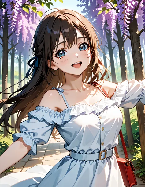 (score_9, score_8_up, score_7_up), source_Anime, absurd_res, white, blue, black, 1girls, solo, upper body:1.3, super fine illustration, an extremely delicate and beautiful, best quality, masterpiece, 8K, spring setting, thick eyebrows, half updo, Sagging e...
