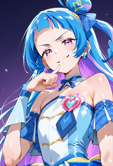 、 Look Down、from below、 break、Cure Wink、cure winks 、Idol Kimi and Idol Pretty Cure Blue Hair、Magical Girl、 mini crowns、purple eyes, blue dress ,slanted hat,very long hair,Dull bangs,bare shoulder,headband,,,nsfw,(smirk:1.9),lewd,最高品質,非常に詳細な画像,シングル,1人の少女(s...