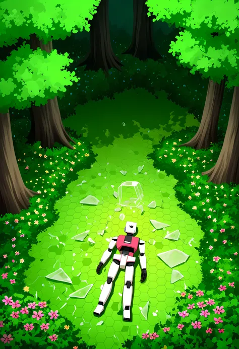 robot, lying on forest floor, tree canopy above casts shadows、 flower, green plants, hexagonal,circuity,(black eyes:0.5), glass shards,empty eyes
