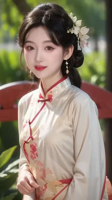 1 beautiful girl,best quality,(painting:1.5),Chest,torii,,depth of field, detailed face ,facial focus,ribbon_trim,(watching the audience:1.25),Smile,Thick lips,Real People, white cheongsam