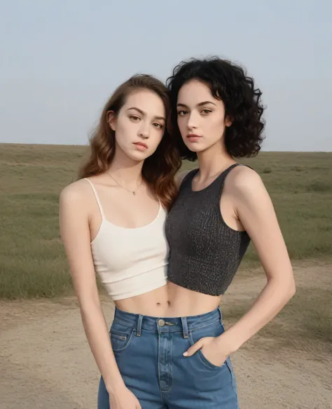  best resolution , 2 heads,  woman with two heads ,  connected , hipsters, curly hair, short hair, long hair,  one head nerdy, one head punk, waist,  , waist, outdoors