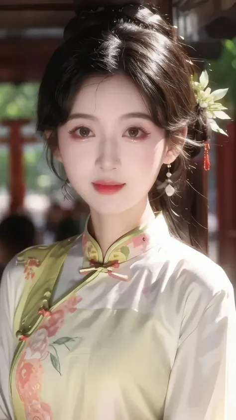 1 beautiful girl,best quality,(painting:1.5),Chest,torii,,depth of field, detailed face ,facial focus,ribbon_trim,(watching the audience:1.25),Smile,Thick lips,Real People, white cheongsam