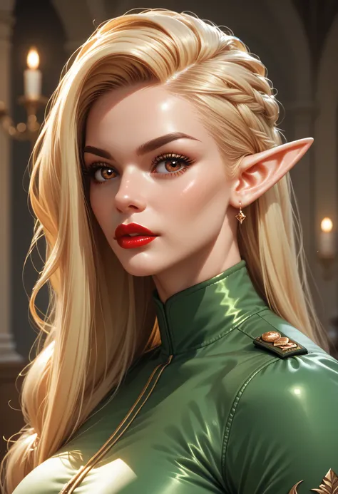 (Perfect face) (Long Hairstyle, Bright Blonde Hairstyle) (Black Thin Eyebrows, Glowing Brown Eyes, Nose, Bright Red Lips) (Beautiful Female) (Female Elf, Green Uniform Top) (Female Muscular, Perfect Body, Beauty Female)