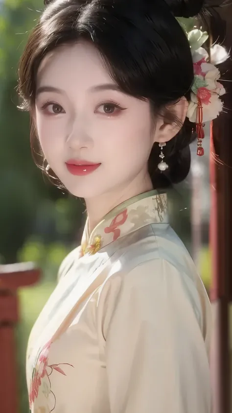 1 beautiful girl,best quality,(painting:1.5),Chest,torii,,depth of field, detailed face ,facial focus,ribbon_trim,(watching the audience:1.25),Smile,Thick lips,Real People, white cheongsam