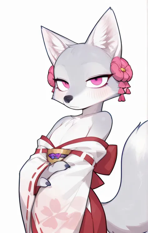 、 in, Highest Quality, masterpiece、no human, tall、 Slim、The white nine-tailed fox、pink eyes、 gorgeous Japanese clothes、