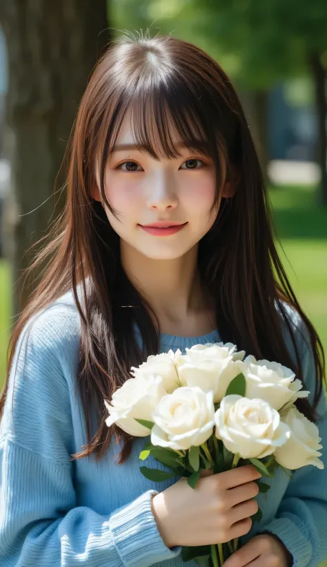 a portrait art photograph in perfect light, a portrait of a young woman with long, wavy brown hair, She is standing in a park or garden with trees and grass in the background, The woman is wearing a blue sweater and is holding a bouquet of white roses in h...