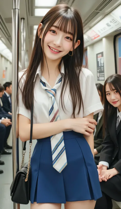 High Efficiency Image File Format,IMG_HEIC,The image is a high-resolution photograph,A photograph of an girl with fair skin,standing on a subway train. She has straight long hair,and wears a white blouse,striped tie,and a blue short pleated skirt. She was ...