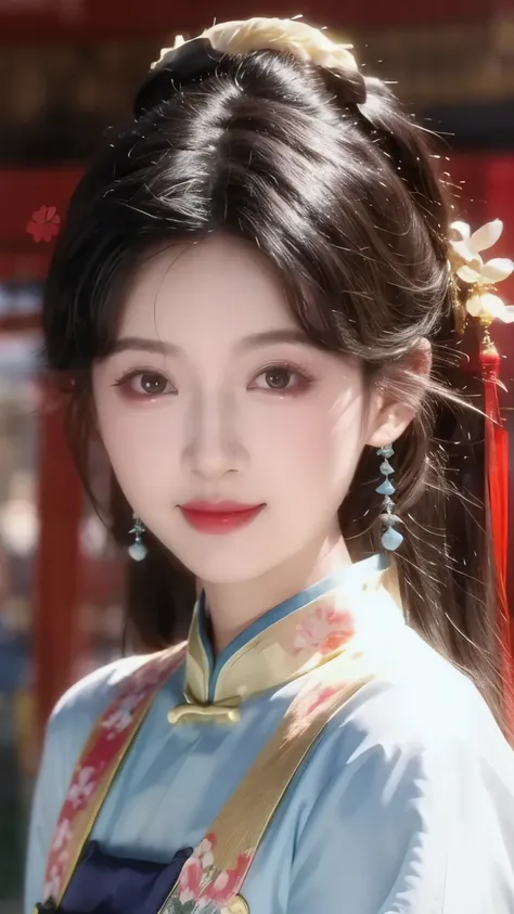 1 beautiful girl,best quality,(painting:1.5),Chest,torii,,depth of field, detailed face ,facial focus,ribbon_trim,(watching the audience:1.25),Smile,Thick lips,Real People,blue and white cheongsam