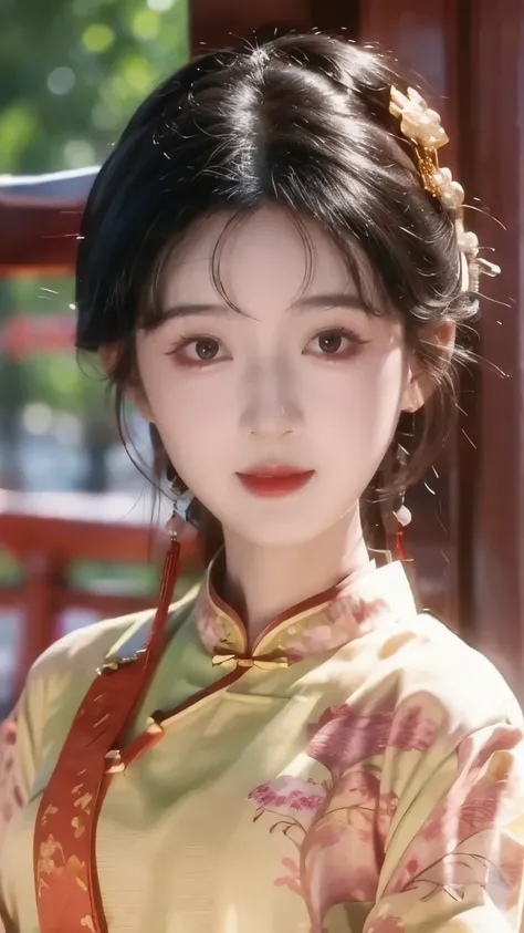 1 beautiful girl,best quality,(painting:1.5),Chest,torii,,depth of field, detailed face ,facial focus,ribbon_trim,(watching the audience:1.25),Smile,Thick lips,Real People,cheongsam