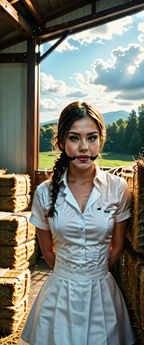 girl in sexy_cowgirl_cosplay_outfit,rating_explicit,barn,detailed,photorealistic,HDR,16K,beautiful,serene,warm lighting,golden hour,countryside landscape,wooden beams,hay bales,dust motes,natural textures,cinematic composition,dramatic clouds,rolling hills...