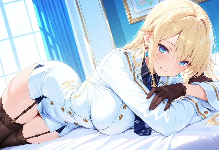 masterpiece,best quality, amazing quality, highres, absurdres, very aesthetic, high resolution, ultra detailed, perfect details,EmaMilitary, long hair, earrings, short dress, necktie, gloves, white coat, garter straps, thighhighs,,anime keyvisual,medium br...