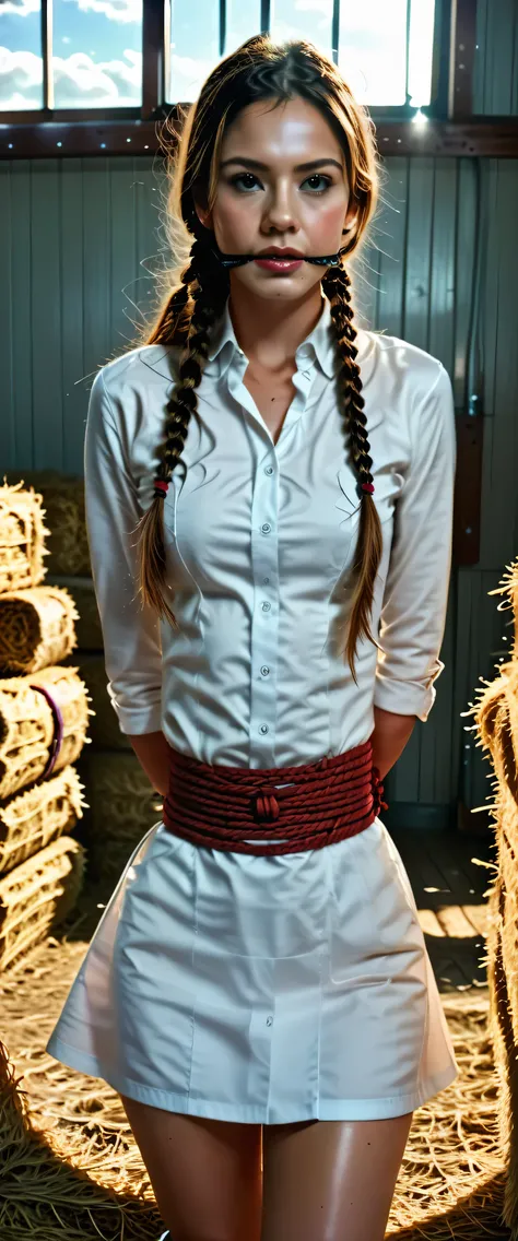 girl in sexy_cowgirl_cosplay_outfit,hogtied,rating_explicit,barn,detailed,photorealistic,HDR,16K,beautiful,serene,warm lighting,golden hour,countryside landscape,wooden beams,hay bales,dust motes,natural textures,cinematic composition,dramatic clouds,rolli...