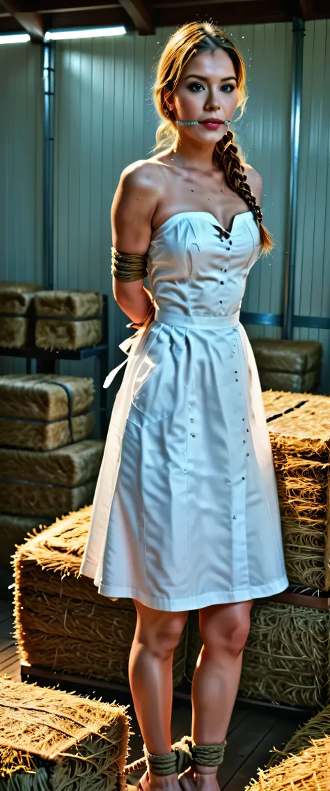 girl in sexy_cowgirl_cosplay_outfit,hogtied,rating_explicit,barn,detailed,photorealistic,HDR,16K,beautiful,serene,warm lighting,golden hour,countryside landscape,wooden beams,hay bales,dust motes,natural textures,cinematic composition,dramatic clouds,rolli...
