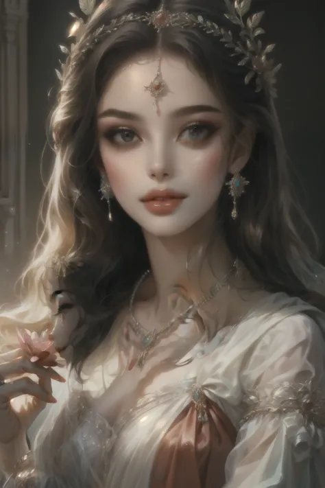 Goddess parvati, very beautiful, animated style, closeup shot, anime in a red indian dress, long black wavy hair untied, head jewellery, necklace, earings, armlets, bangles and bracelets, rings, pleasant expression, bright big black eyes, holding a flower,...