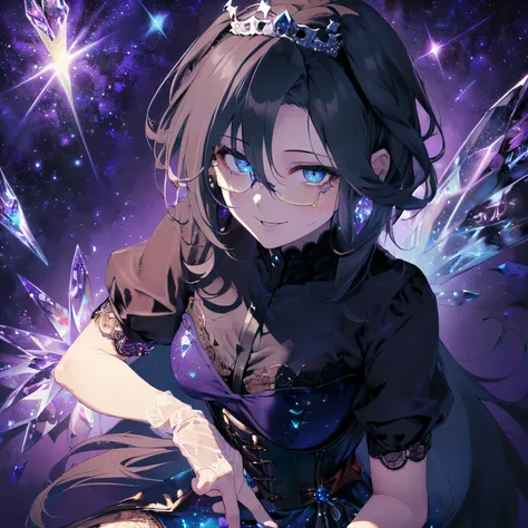 (Solo: 2). Girl. (Girl with horse ears: 1.5). (Girl with horse tail: 1.5). (Muscular girl: 1.5). (Full beautiful breasts: 1.5). (Black hair: 1.5). (Sitting torture: 1.5). (Hidden fingers: 1.5). (Arms crossed: 1.5). (Flashy blue sheer short sleeve lace dres...