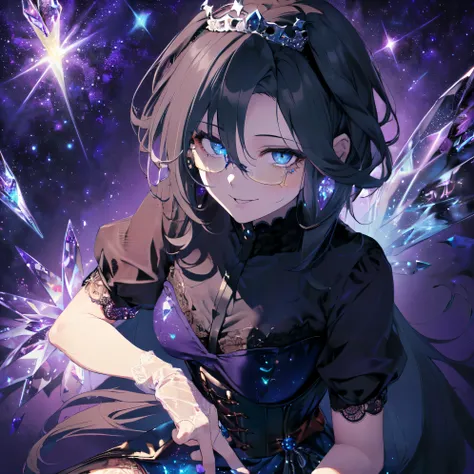 (Solo: 2). Girl. (Girl with horse ears: 1.5). (Girl with horse tail: 1.5). (Muscular girl: 1.5). (Full beautiful breasts: 1.5). (Black hair: 1.5). (Sitting torture: 1.5). (Hidden fingers: 1.5). (Arms crossed: 1.5). (Flashy blue sheer short sleeve lace dres...