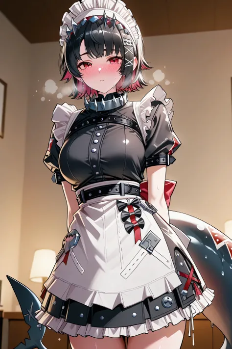 Adult Ellen Joe slimify:1.0, Ellen Joe outfit:1.0, Ellen Joe Melting:1.0, black short hair, shark tail, heavily blushing, heavy breathing, orgasming,  