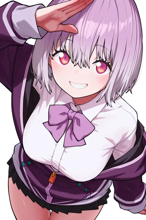 kmj-anonstyle, [artist:yoneyama mai], [artist: ekrea_jan], masterpiece,best quality,amazing quality, 748cmstyle, solo, eye focus, gridman universe, ssss.gridman, shinjou akane, 1girl, grin, hair between eyes, light blush, looking at viewer, purple bow, pur...
