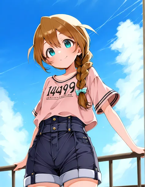  Highest Quality:1.9, One person:1.9, solo:1.9, baba konomi, brown hair, long hair, braid, turquoise eyes,  height 143 cm, Petite:1.9, Bust 75cm,  hips 79cm, smile, blue sky