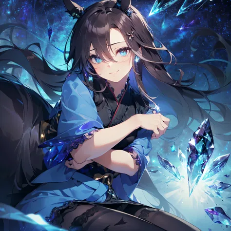 (Solo: 2). Girl. (Girl with horse ears: 1.9). (Girl with horse tail: 1.5). (Muscular girl: 1.5). (Black hair: 1.5). (Super long hair: 1.5). (Sitting torture: 1.5). (Arms between legs: 2). (Flashy blue sheer short sleeve lace kimono: 2). (Wearing a big beau...