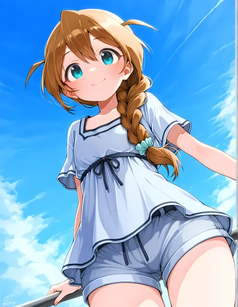  Highest Quality:1.9, One person:1.9, solo:1.9, baba konomi, brown hair, long hair, braid, turquoise eyes,  height 143 cm, Petite:1.9, Bust 75cm,  hips 79cm, smile, blue sky