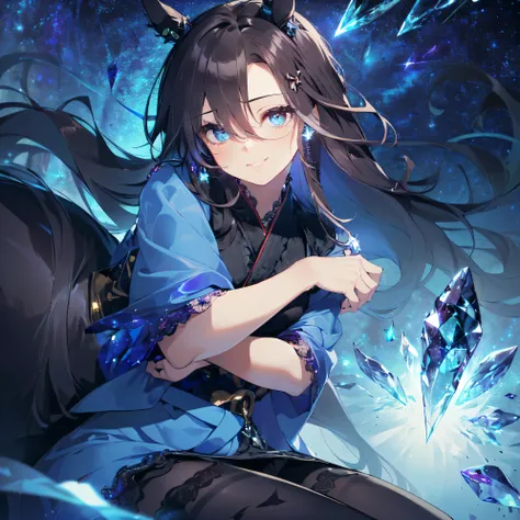 (Solo: 2). Girl. (Girl with horse ears: 1.9). (Girl with horse tail: 1.5). (Muscular girl: 1.5). (Black hair: 1.5). (Super long hair: 1.5). (Sitting torture: 1.5). (Arms between legs: 2). (Flashy blue sheer short sleeve lace kimono: 2). (Wearing a big beau...