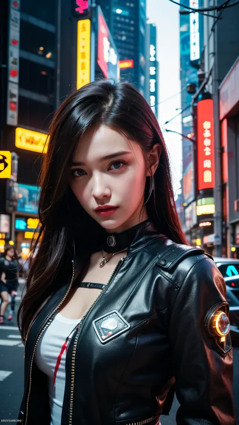 A girl, in the cyberpunk city, High resolution、masterpiece、Textured skin、high quality、Ultra high definition、Very detailed、woman、Cyberpunk Photos, Cyberpunk 2000. role model, in a future cyberpunk city, Woman, at an cyberpunk city, cyberpunk girl, cyberpunk...