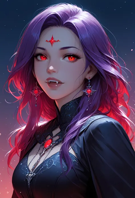 a  portrait of a young female vampire gazing into the infinite stars in the night sky the stars are reflected in her eyes, a beautiful mature female vampire, dynamic hair color, dynamic skin complexion, ultra detailed face, best detailed face, wearing dyna...