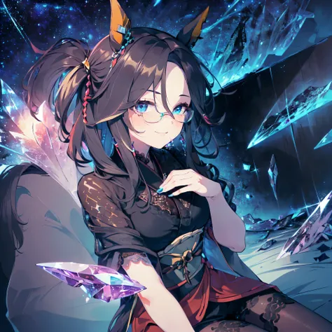 (Solo: 1.9). Girl. (Girl with horse ears: 1.9). (Girl with horse tail: 1.5). (Muscular girl: 1.5). (Black hair: 1.5). (Super long hair: 1.5). (Sitting torture: 1.5). (Arm between legs: 1.9). (Flashy blue sheer short sleeve lace kimono: 1.9). (Wearing a big...