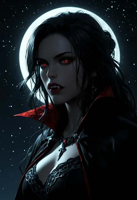 a portrait of a young female vampire gazing into the infinite stars in the night sky the stars are reflected in her eyes, a beautiful mature female vampire, dynamic hair color, dynamic skin complexion, wearing dynamic dress, looking into the stars, the sta...