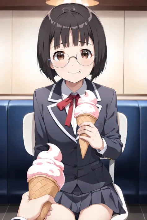 ((best quality)), ((finely detailed)), ((anatomically correct)), ((clear lines)), (top rated on pixiv), ((cinematic lighting)), 1girl, ((skinny)), ((shy)), ((short black hair)), ((bob)), ((bangs)), (shining skin), ((short round face)), ((ice cream on face)...