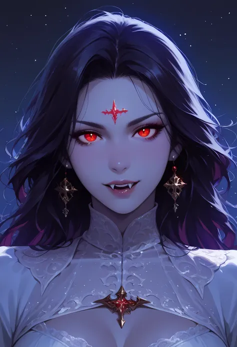 a portrait of a young female vampire gazing into the infinite stars in the night sky the stars are reflected in her eyes, a beautiful mature female vampire, dynamic hair color, dynamic skin complexion, ultra detailed face, best detailed face, wearing dyna...