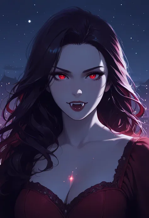 a  portrait of a young female vampire gazing into the infinite stars in the night sky the stars are reflected in her eyes, a beautiful mature female vampire, dynamic hair color, dynamic skin complexion, ultra detailed face, best detailed face, wearing dyna...