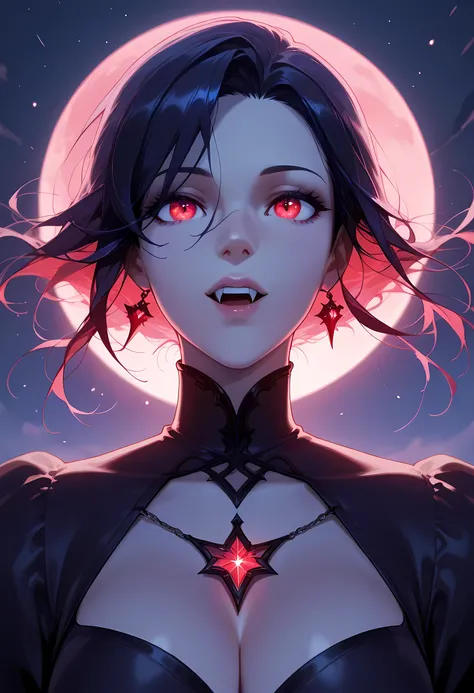 a  portrait of a young female vampire gazing into the infinite stars in the night sky the stars are reflected in her eyes, a beautiful mature female vampire, dynamic hair color, dynamic skin complexion, ultra detailed face, best detailed face, wearing dyna...