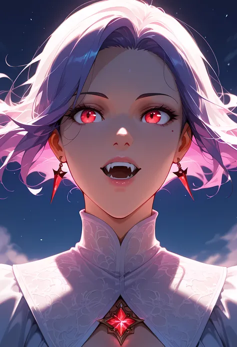 a portrait of a young female vampire gazing into the infinite stars in the night sky the stars are reflected in her eyes, a beautiful mature female vampire, dynamic hair color, dynamic skin complexion, ultra detailed face, best detailed face, wearing dyna...