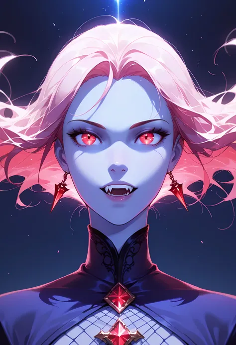 a portrait of a young female vampire gazing into the infinite stars in the night sky the stars are reflected in her eyes, a beautiful mature female vampire, dynamic hair color, dynamic skin complexion, ultra detailed face, best detailed face, wearing dyna...