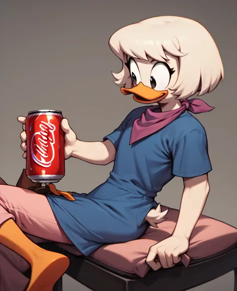 Webby_Vanderquack; pink legging pants; Coca-Cola can in hand; blue dress t-shirt ; Chanel white hair, duck's orange feet, black eyes,  antle, purple handkerchief on top of head 