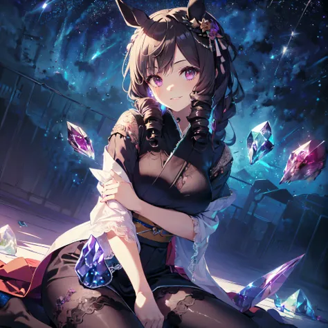 (Solo: 1.9). Girl. (Girl with horse ears: 1.9). (Girl with horse tail: 1.5). (Muscular girl: 1.5). (Black hair: 1.5). (Super long hair: 1.5). (Sitting torture: 1.5). (Arm between legs: 1.9). (Flashy blue sheer short sleeve lace kimono: 1.9). (Wearing a big...