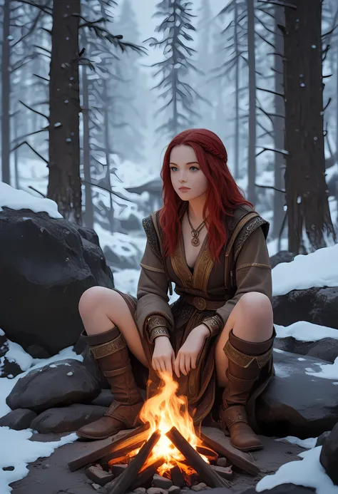 fantasy art, photorealistic, D&D art, larry elmore style, a picture of a female monk sitting cross-legged and meditating on a snowy mountain, on top of a snowy mountain there is a human woman monk wearing monk garbs, small cleavage, meditating near a bonfi...