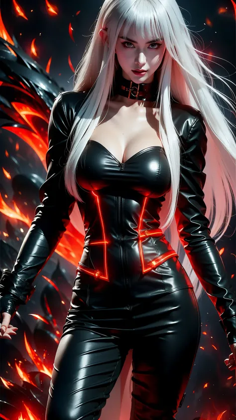 Highly detailed action figure blister packaging design featuring a solo female anime character titled "Shadow Huntress". The full-body figure is centered, with long silver or white hair, red glowing eyes, pale skin, wearing a gothic black outfit: corset to...