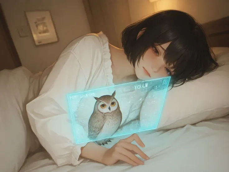 (masterpiece,best quality:1.2),the English letters「I'm with you so don't worry,M」,beautiful font,realistic,photo real,solo,a Japanese woman,no make up skin,short hair,black hair,casual clothes,she is crying,sad expression,a white a small owl,it made of ho...