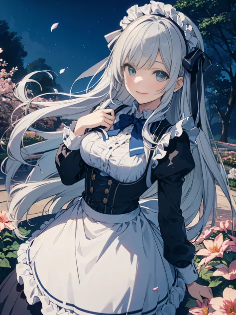(score_9, score_8_up, score_7_up), source_Anime, absurd_res, white, blue, black, 1girl, solo, upper body, super fine illustration, an extremely delicate and beautiful, best quality, masterpiece, 8K, celebration setting, long silver hair:1.3, two side up:1....