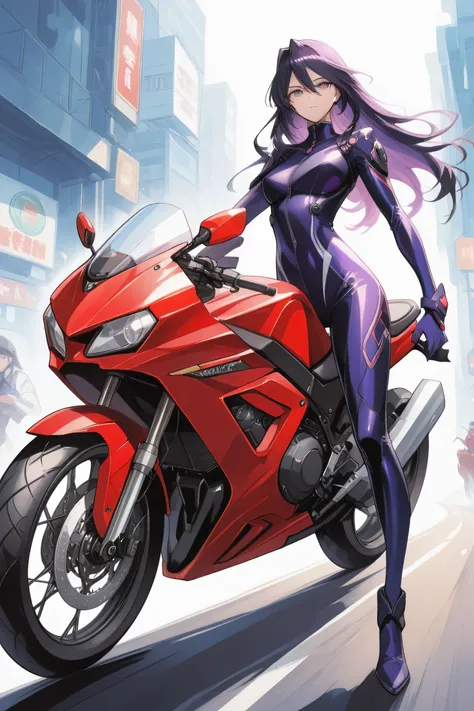 Highest Quality, masterpiece, delicate anime style illustration,Midnight Highway、Wearing a purple rider suit、I'm driving a big red motorcycle Kawasaki Ninjia。