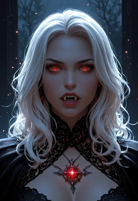 a portrait of a young female vampire looking up into the infinite stars in the night sky the stars are reflected in her eyes, a beautiful mature female vampire, dynamic hair color, dynamic skin complexion, wearing dynamic dress, looking into the stars, the...