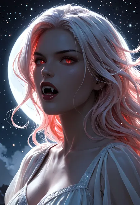 a portrait of a young female vampire looking up into the infinite stars in the night sky the stars are reflected in her eyes, a beautiful mature female vampire, dynamic hair color, dynamic skin complexion, wearing dynamic dress, looking into the stars, the...