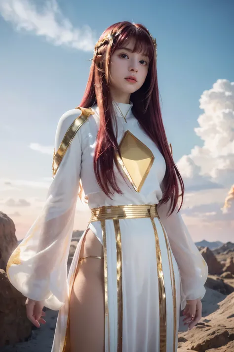 ((masterpiece, best quality, extremely detailed), volumetric lighting, ambient occlusion, colorful, glowing), 1girl, solo, young girl, (maroon hair with bangs), long hair, halo, aura, sacred, goddess, cleric suit, (white outfit with gold detailst:1.3), arm...