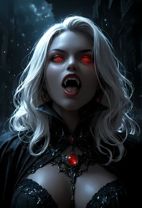 a portrait of a young female vampire looking up into the infinite stars in the night sky the stars are reflected in her eyes, a beautiful mature female vampire, dynamic hair color, dynamic skin complexion, wearing dynamic dress, looking into the stars, the...